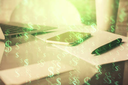 Double exposure of forex graph drawing and cell phone background. Concept of financial data analysisの写真素材