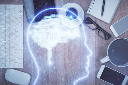 Multi exposure of brain drawing over work table desktop. Top view. Global data analysis concept.