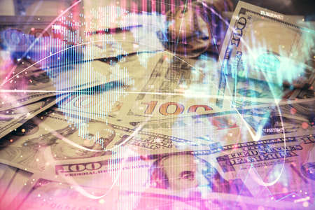 Multi exposure of business theme drawing over us dollars bill background. Concept of financial success.の写真素材