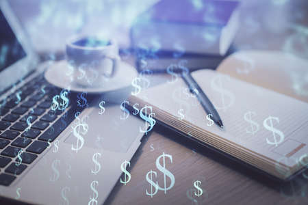 Double exposure of forex chart drawing and desktop with coffee and items on table background....