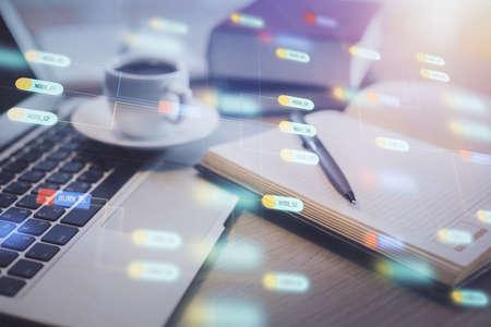 Double exposure of technology theme drawing and desktop with coffee and items on table background....