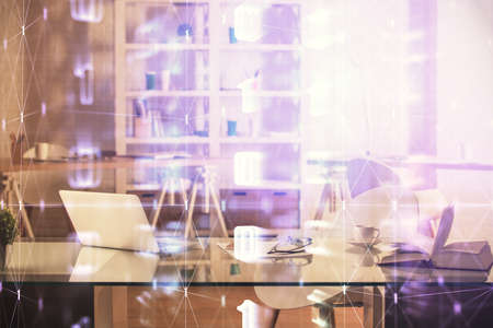 Multi exposure of data theme drawing and office interior background. Concept of technology.の写真素材