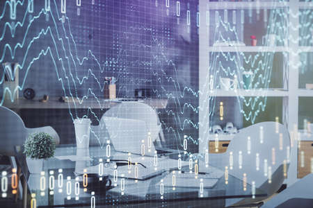 Multi exposure of stock market chart drawing and office interior background. Concept of financial...