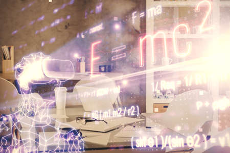 Double exposure of formulas drawing and office interior background. Concept of education.の写真素材