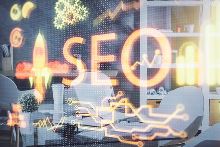 Double exposure of SEO drawing and office interior background. Concept of Search optimization engine.の写真素材