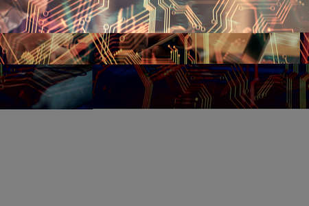 Double exposure of man's hands holding and using a digital device and tech theme hologram drawing....