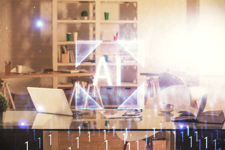 Multi exposure of data theme drawing and office interior background. Concept of technology.