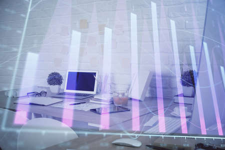 Multi exposure of stock market chart drawing and office interior background. Concept of financial analysis.の写真素材