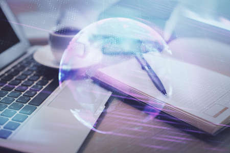 Double exposure of technology theme drawing and desktop with coffee and items on table background....