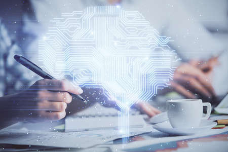Double exposure of brain drawing over people taking notes background. Concept of Ai
