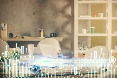 Double exposure of data theme drawing and office interior background. Concept of technology.