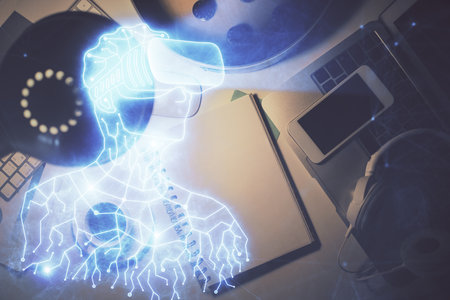 Double exposure of AR glasses drawing and work table top veiw. Concept of virtual reality.