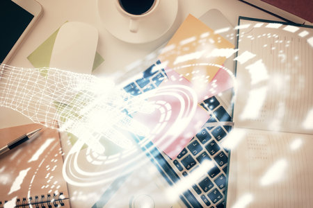 Double exposure of data hologram sketch over study table background with computer. Concept of Ai. Top view.の写真素材