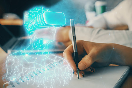 Double exposure of AR glasses drawing over people taking notes background. Concept of VR
