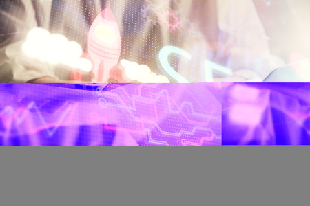 Double exposure of woman hands working on computer and seo hologram drawing. internet search...