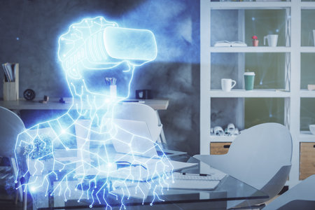 Double exposure of man in VR glasses drawing and office interior background. Concept of AR.の写真素材
