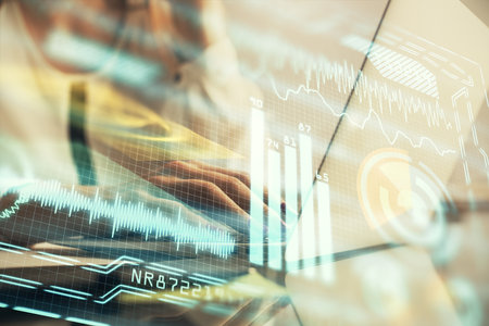 Double exposure of woman hands typing on computer and technology theme drawing. High Tech concept.の写真素材