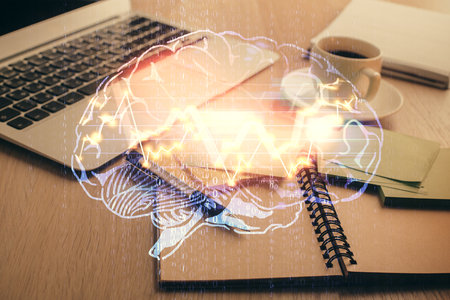 Double exposure of brain drawing and desktop with coffee and items on table background. Concept of...