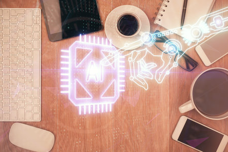Double exposure of technology theme drawing over work table desktop. Top view. Global data analysis...
