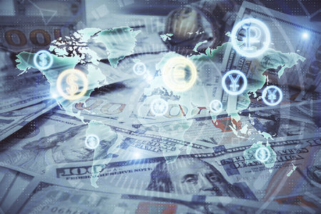 Multi exposure of forex chart drawing over us dollars bill background. Concept of financial success markets.の写真素材