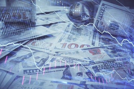 Multi exposure of forex chart drawing over us dollars bill background. Concept of financial success markets.の写真素材