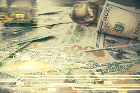 Double exposure of data theme drawing over us dollars bill background. Technology concept.の写真素材