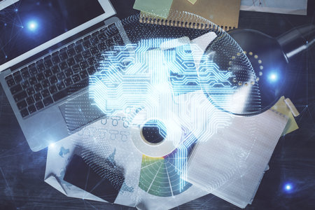 Double exposure of brain drawing hologram over topview work table background with computer. Concept of big data.の写真素材