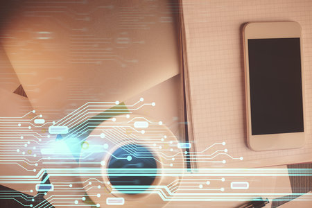 Double exposure of technology theme drawing over work table desktop. Top view. Global data analysis concept.の写真素材