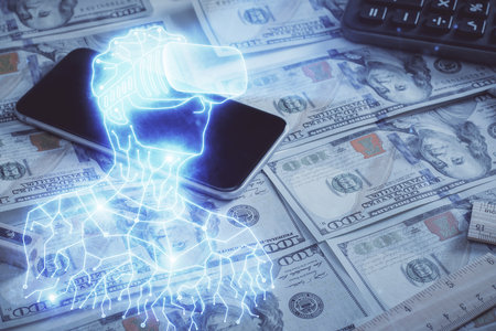 Double exposure of man wearing VR glasses drawing over usa dollars bill background. Concept of virtual reality.の写真素材