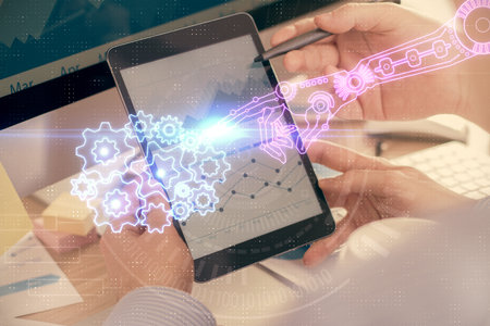 Multi exposure of man's hands holding and using a digital device and data theme drawing. Innovation...