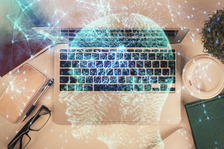Multi exposure of brain sketch hologram over topview work table background with computer. Concept of big data.の写真素材