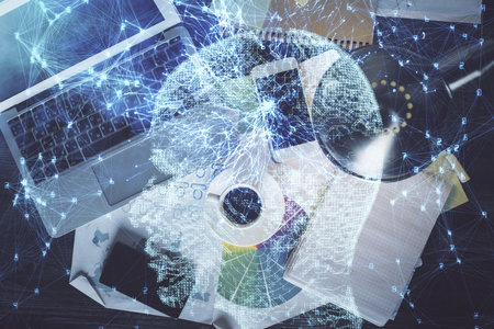 Double exposure of brain drawing hologram over topview work table background with computer. Concept of big data.の写真素材