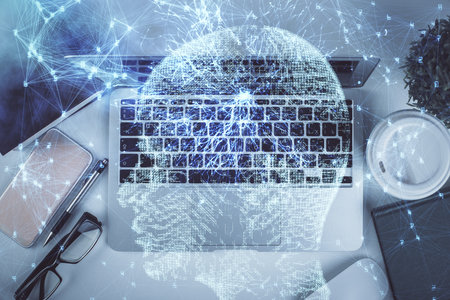 Multi exposure of brain sketch hologram over topview work table background with computer. Concept of big data.の写真素材