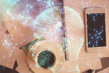 Double exposure of brain drawing over work table desktop. Top view. Global data analysis concept.の写真素材