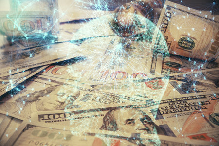 Double exposure of brain drawing over us dollars bill background. Technology concept.の写真素材