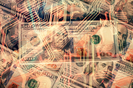 Double exposure of tech theme drawing over usa dollars bill background. Concept of technology.の写真素材