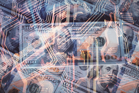 Double exposure of tech theme drawing over usa dollars bill background. Concept of technology.の写真素材