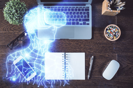 AR hologram drawings over computer on the desktop background. Top view. Multi exposure. Concept of augmented reality.の写真素材