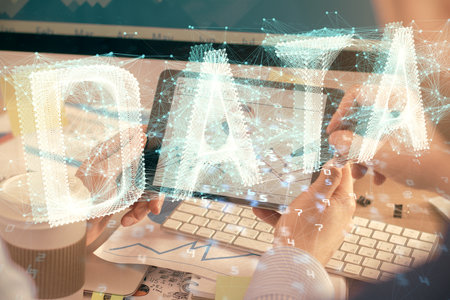 Multi exposure of man's hands holding and using a digital device and data theme drawing. Innovation...