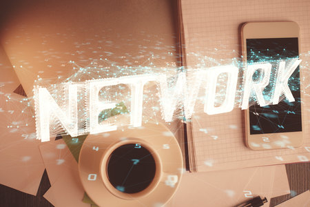 Double exposure of technology theme drawing over work table desktop. Top view. Global data analysis concept.の写真素材