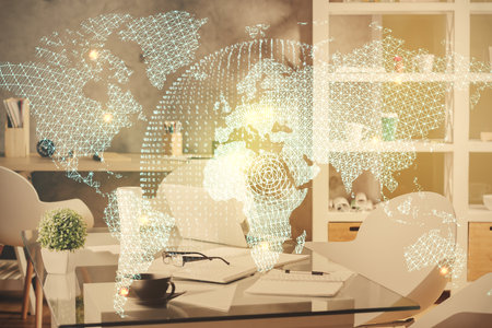 Double exposure of business theme drawing and office interior background. Concept of successの写真素材