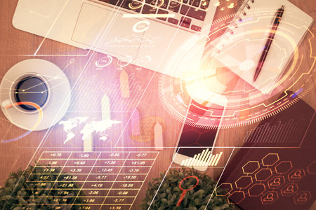 Double exposure of technology theme drawing over work table desktop. Top view. Global data analysis concept.の写真素材