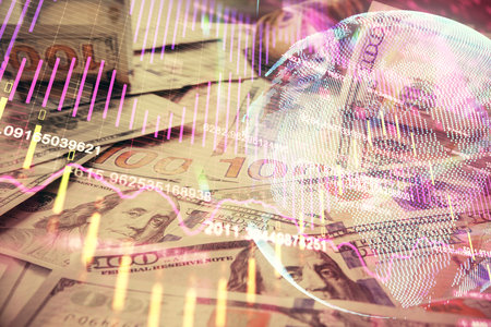 Multi exposure of forex chart drawing over us dollars bill background. Concept of financial success markets.の写真素材