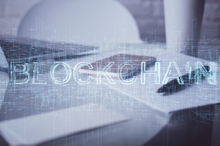 Double exposure of blockchain theme drawing and cell phone background. Concept of cryptomarketの写真素材