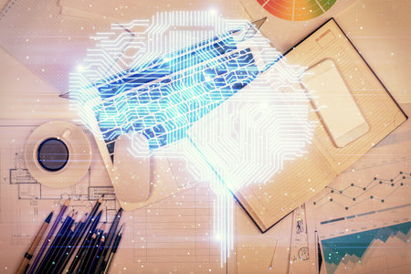 Multi exposure of brain sketch hologram over topview work table background with computer. Concept of...