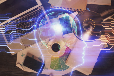 Double exposure of brain drawing hologram over topview work table background with computer. Concept of big data.の写真素材