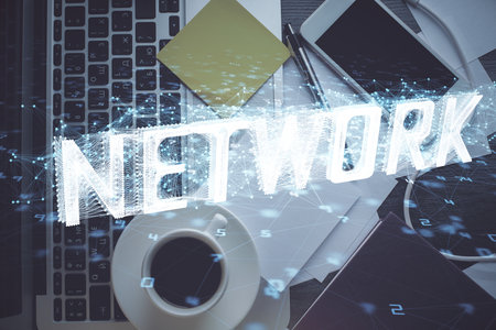 Double exposure of data drawing hologram over topview of study desk background with computer. Concept of Ai.の写真素材