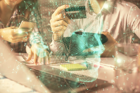 Double exposure of man and woman on-line shopping holding a credit card and brain hologram drawing. Ai and E-commerce pay on-line concept.の写真素材
