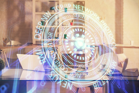 Multi exposure of data theme drawing and office interior background. Concept of technology.の写真素材