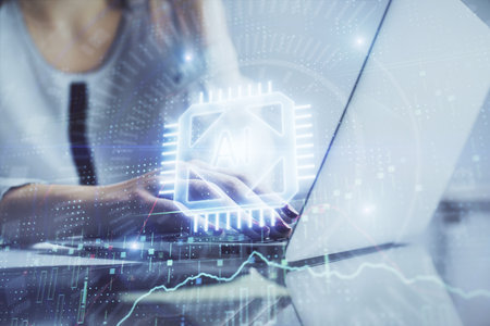 Multi exposure of woman hands working on computer and data theme hologram drawing. Tech concept.の写真素材